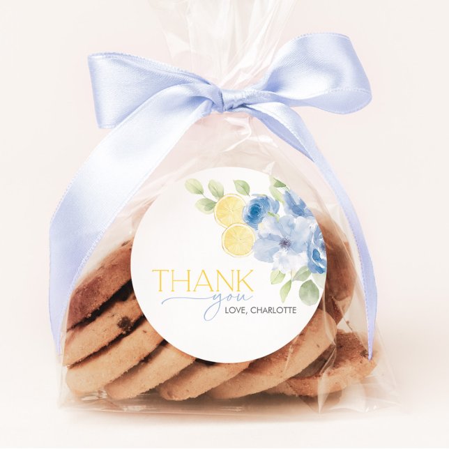 Adesivo Favor Principal da Noite de Noivado Azul Amarelo (She found her Main Squeeze! Bridal Shower Blue floral lemon citrus favor stickers)