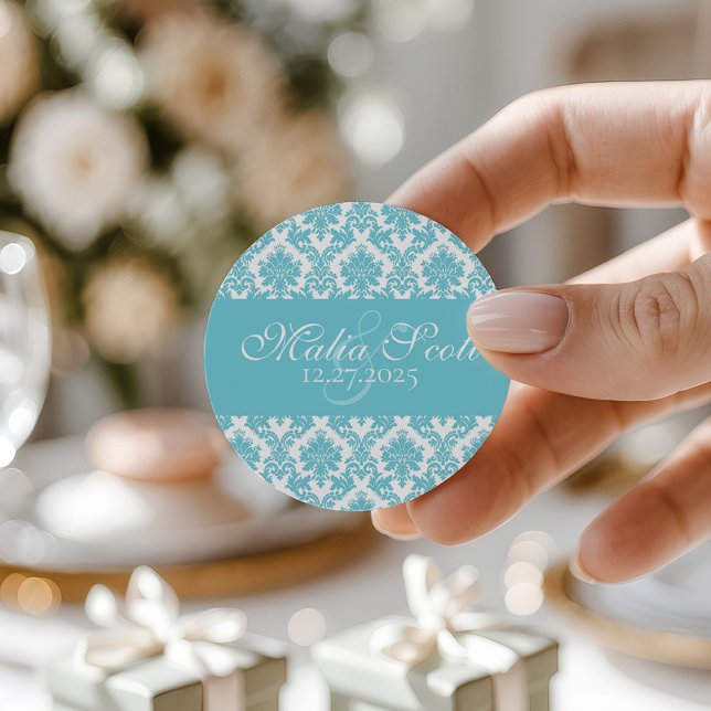 Adesivo Favorito do Casamento tema damasco Branco Azul Ele (Criador carregado)