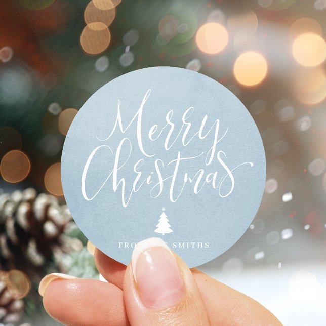 Adesivo Feira de Natal Azul Simples (Winter Blue Simple Calligraphy Merry Christmas Classic Round Sticker)