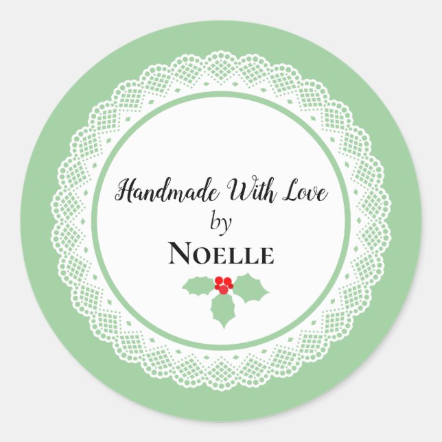 Adesivo Feita À Mão Com Amor, Holly De Natal (Frente)