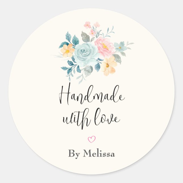 Adesivo Feita à mão com Buquê rosa e azul (Frente)