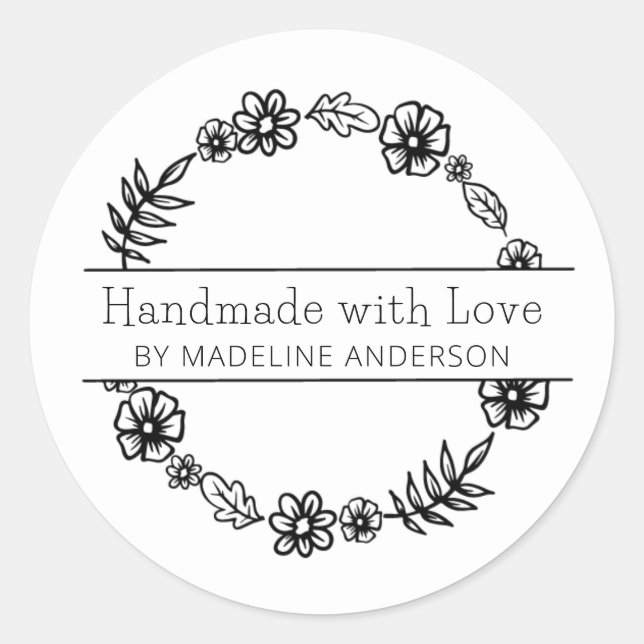 Adesivo Feita à mão com Love Round Floral (Frente)