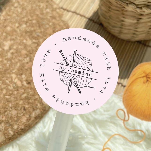 Adesivo Feita à mão com o Knit de amor, rosa para pequenas (Pink Handmade with Love Knit Small Business - Crochet, package & supplies, custom stickers)