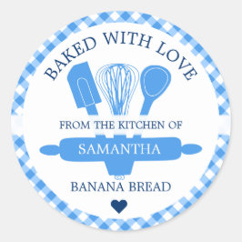 Adesivo Feita Com Amor Banana Pão Azul Gingham Kitchen