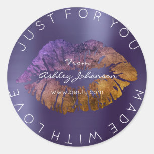 Adesivo Feita Com Amor Com Dourado Batom Roxo Lábios De Ma