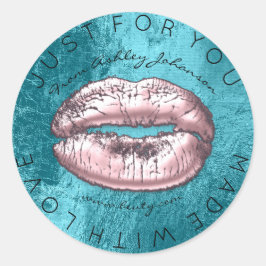 Adesivo Feita Com Amor Com Lábios De Maquiagem De Turquesa