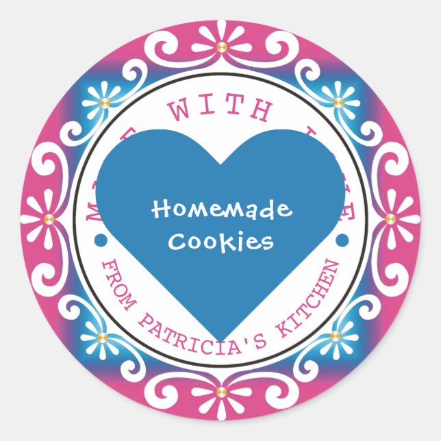 Adesivo Feita Com Amor Da Cozinha De Azul Rosa (Frente)