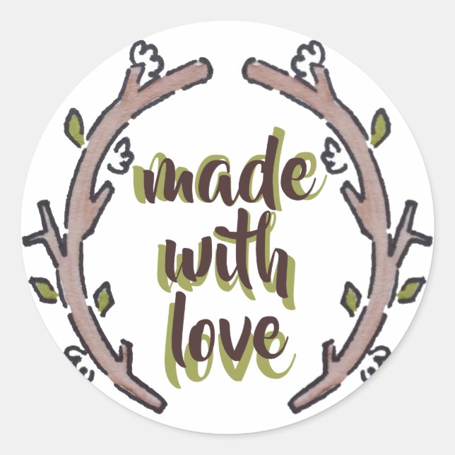 Adesivo Feita com Amor Natureza Rústica Botânica Artística (Frente)