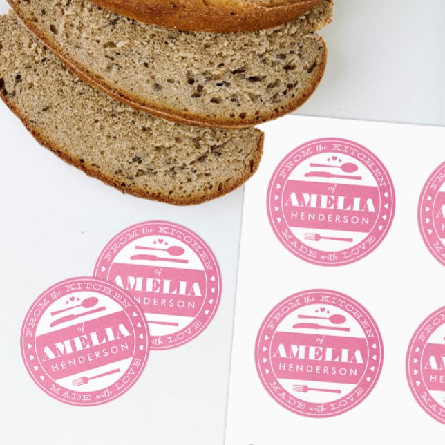 Adesivo Feita com Comida de amor, ganha-paleta rosa (pink custom homemade treats gift sticker from the kitchen and made with love)