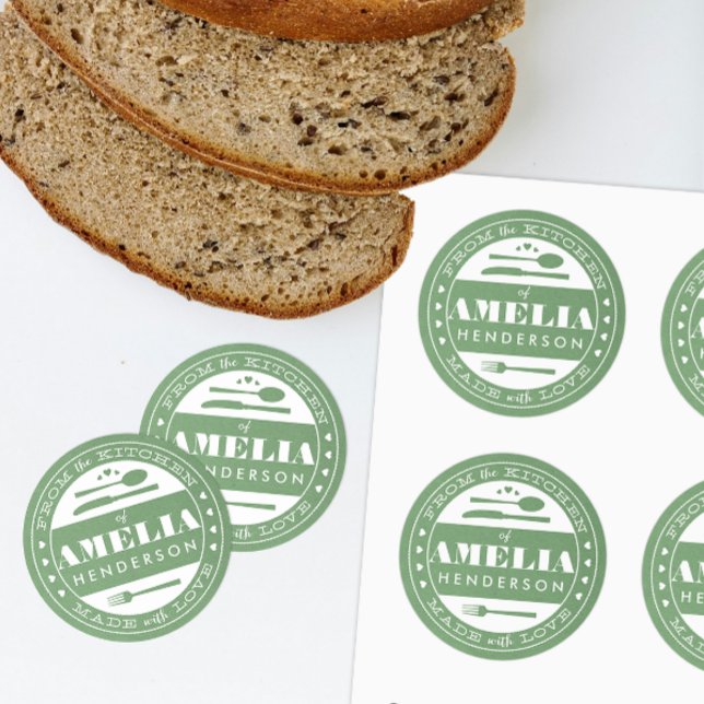 Adesivo Feita com papel kraft verde para Presente de Comid (custom homemade treats gift sticker from the kitchen and made with love)
