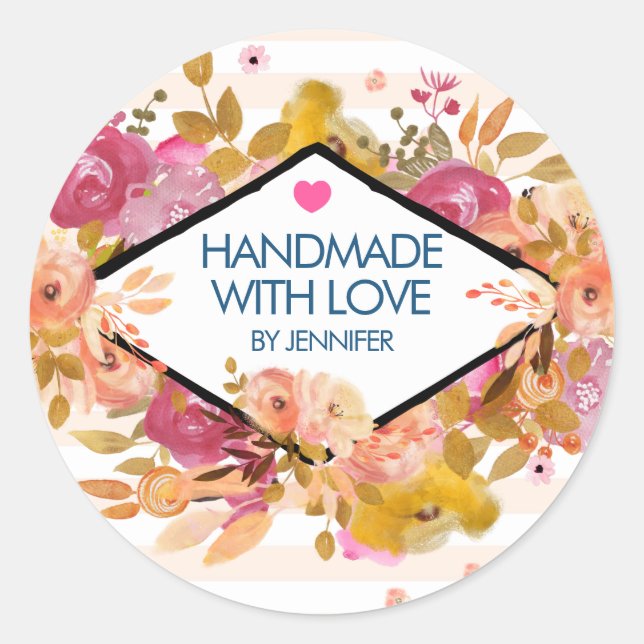Adesivo Feitas à mão com amor Flores Cor-de-Rosa Laranja (Frente)
