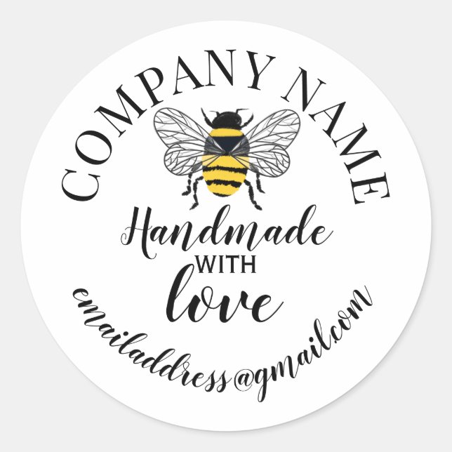 Adesivo Feito à mão com amor nome da empresa bee (Frente)