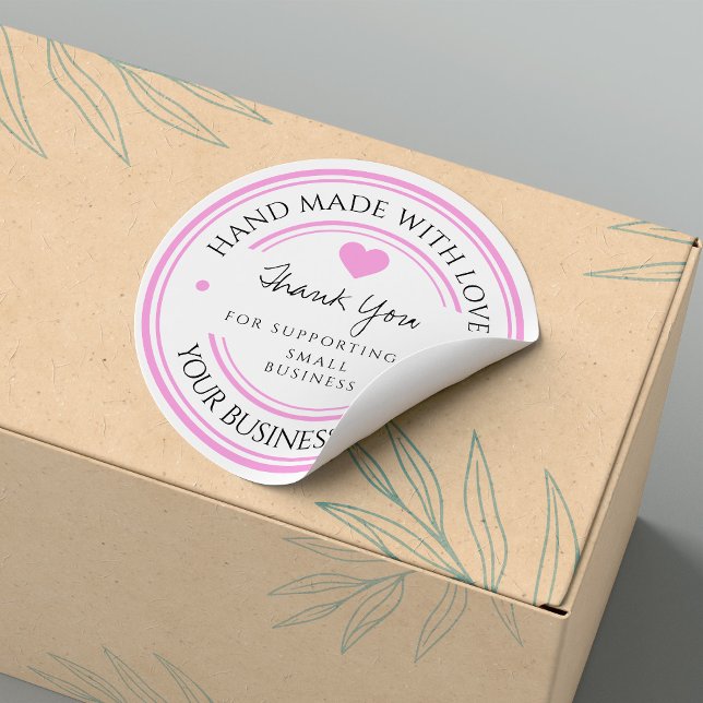 Adesivo feito à mão com amor | obrigado de vareta preta ro (handmade with love | thank you Classic Round Sticker. #pinkthankyou #supportbusiness #modern #simple)