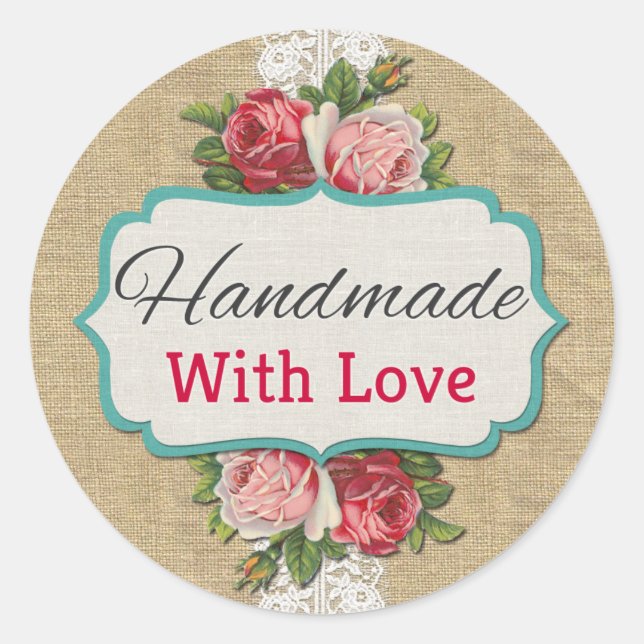 Adesivo Feito à Mão Com Amor Rosas Shabby Chic Renda Vinta (Frente)