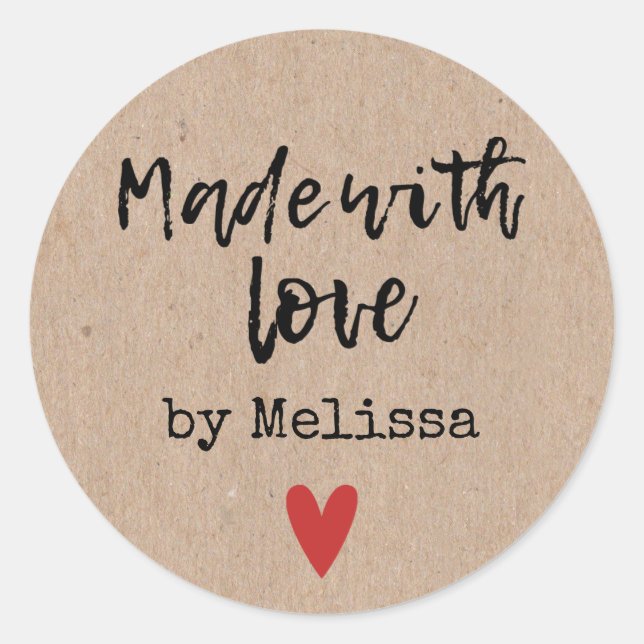 Adesivo Feito Com Amor, Kraft Personalizado (Frente)