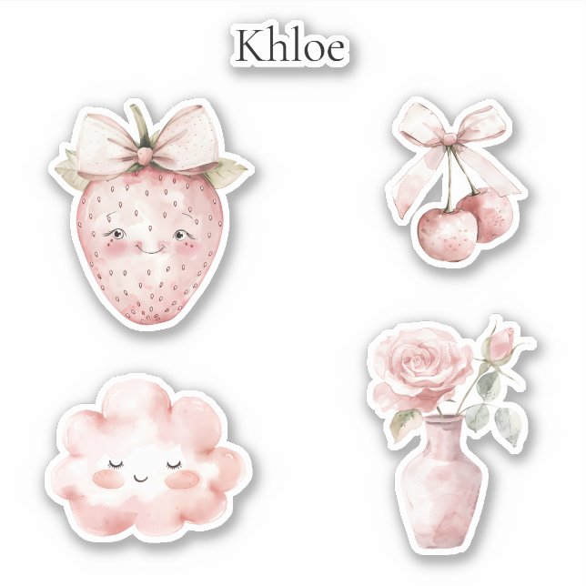 Adesivo Felicidade Morango Rosa Nuvem Cerejas Rosas (Frente)
