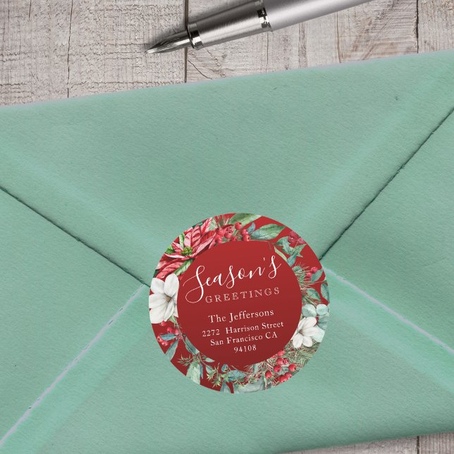 Adesivo Felicidades da temporada Natal Vermelho (Season's Greetings Red Christmas Classic Round Sticker
)