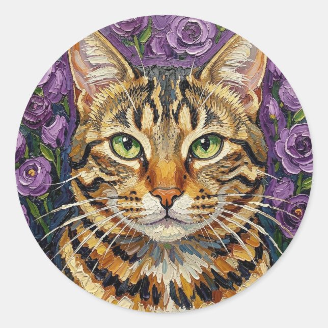Adesivo Feline and Floral | Cute Artistic Gray Tabby Cat (Frente)