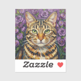 Adesivo Felino e Floral | Gato Tabby Cinza Artístico Fofo