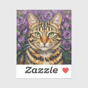 Adesivo Felino e Floral   Gato Tabby Cinza Artístico Fofo