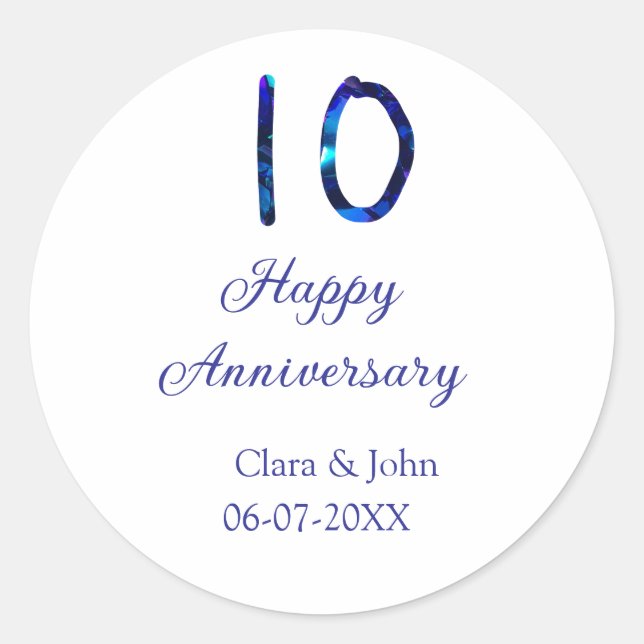 Adesivo Feliz 10º aniversário brilho azul adicionar nome d (Frente)