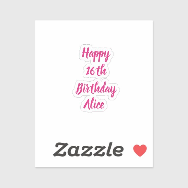 Adesivo Feliz 16.º aniversário, cor-de-rosa, nome personal (Folha)