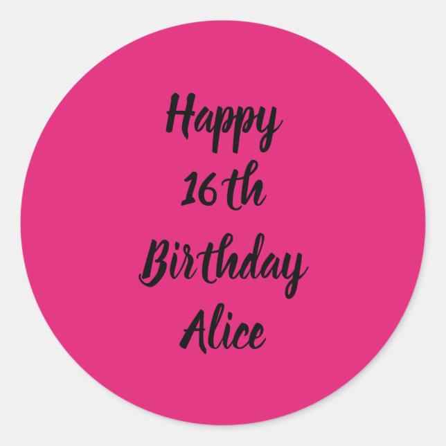 Adesivo Feliz 16.º aniversário, Pink Black Name Girly (Frente)