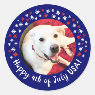 Adesivo Feliz 4 de julho EUA Foto de cachorro sorridente