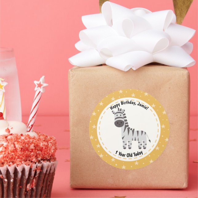 Adesivo Feliz Aniversário, 1 Ano Hoje, Nome da Zebra Cuta (Festa)