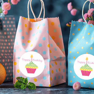 Adesivo Feliz Aniversário Amarelo Verde e Cupcake Rosa