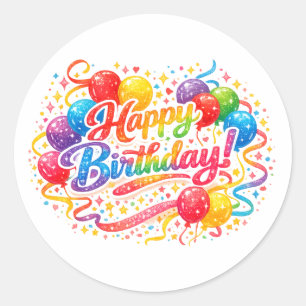 Adesivo Feliz Aniversário Balões de Arco-Íris Confetes Tex