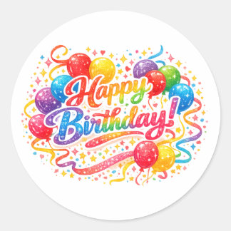 Adesivo Feliz Aniversário Balões de Arco-Íris Confetes Tex