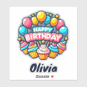 Adesivo Feliz aniversário Balões e Cupcakes Coloridos