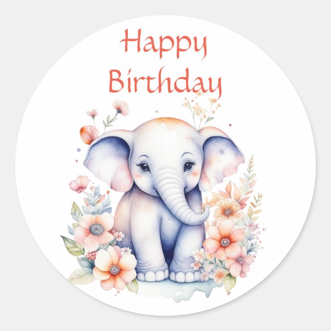Adesivo Feliz Aniversário Bebê Elefante Aquarela (Frente)