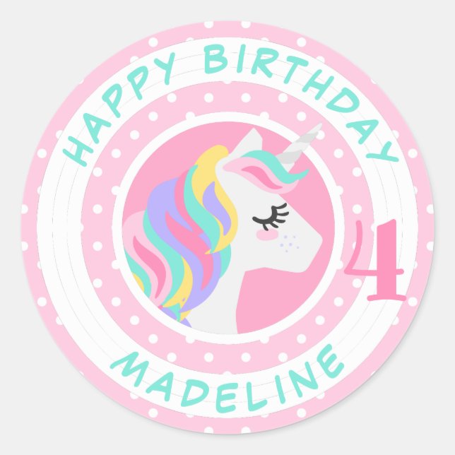 Adesivo Feliz aniversário | Bolinhas de Pastel Unicorn (Frente)