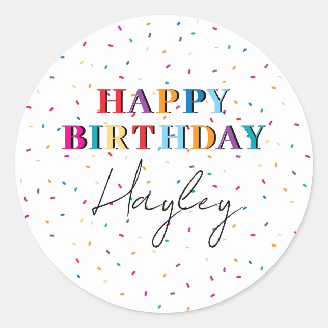 Adesivo Feliz Aniversário Colorido Nome Personalizado Conf (Frente)