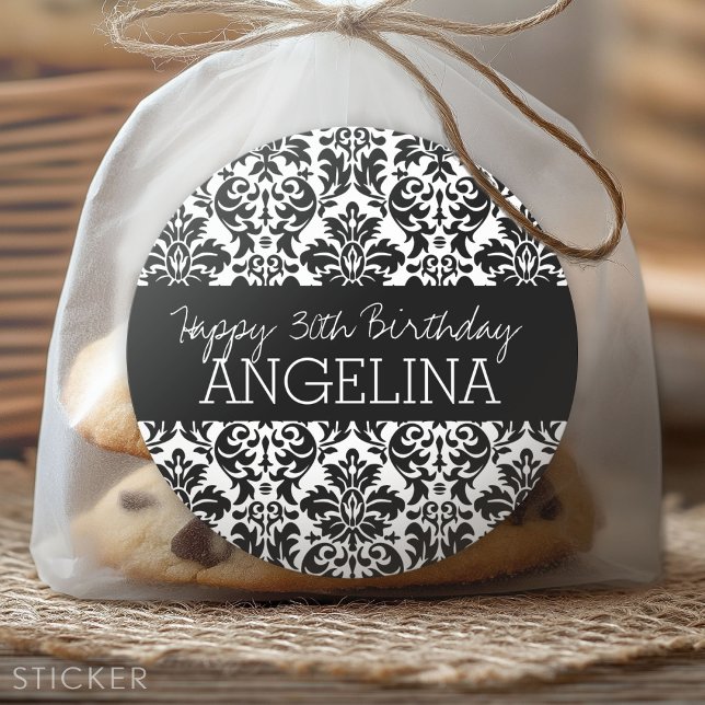 Adesivo Feliz aniversário com Trendy Black e White Damask (Custom Sticker for Party Favors and Envelopes)