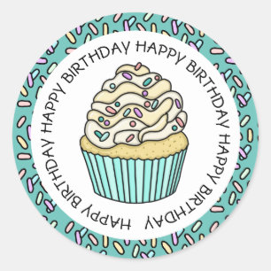Adesivo Feliz Aniversário Cupcake Azul Turquesa e Baunilha