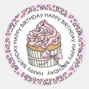 Adesivo Feliz Aniversário Cupcake Rosa e Baunilha