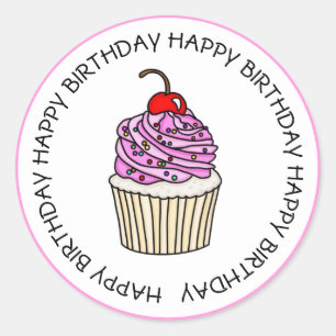 Adesivo Feliz Aniversário Cupcake Rosa e Baunilha