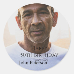 Adesivo Feliz aniversário de 50 anos nome foto ano homem s