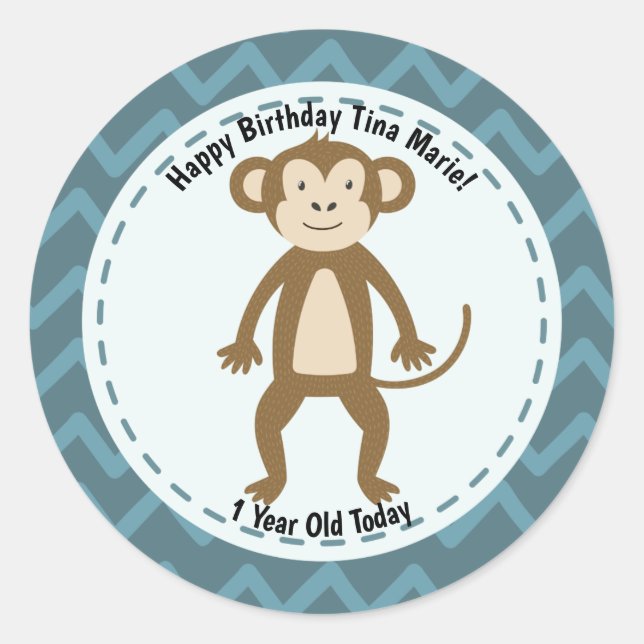 Adesivo Feliz Aniversário de Animais do Zoo Macaco (Frente)