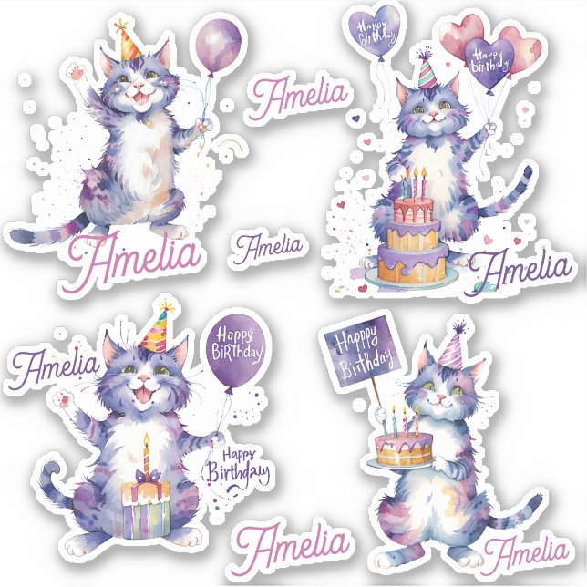 Adesivo Feliz Aniversário de Gatos Roxos Personalizado (Frente)