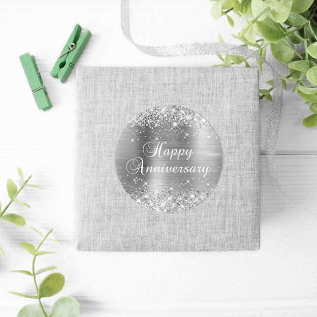 Adesivo Feliz Aniversário de Glittery Prata (Silvery Glitter Favor Stickers)