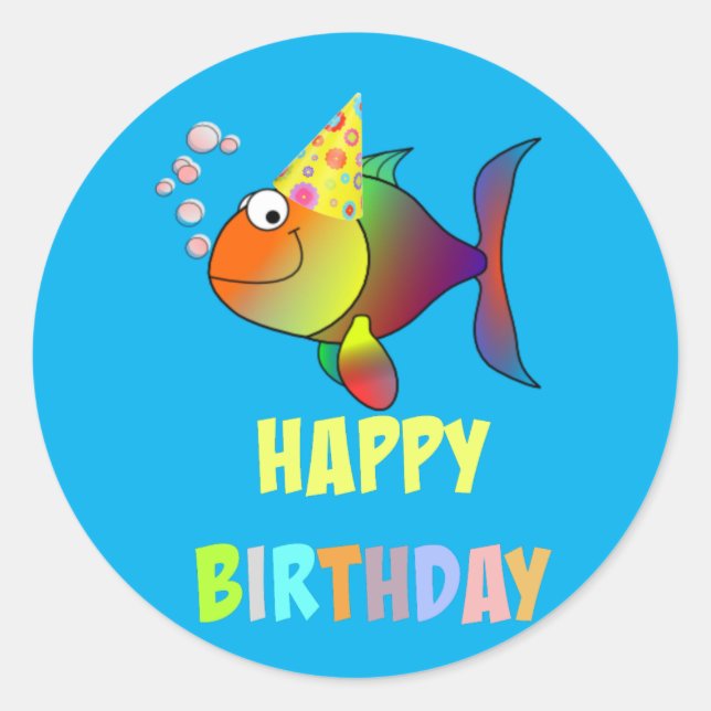 Adesivo Feliz Aniversário, Design de Peixes Bonitos e Colo (Frente)