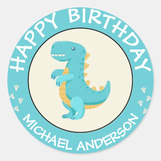 Adesivo Feliz Aniversário Dinossauro Nome Bebê Azul (Frente)