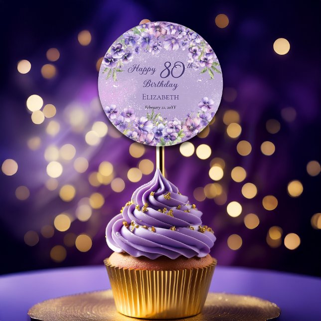 Adesivo Feliz Aniversário do 80 Floral Feliz Violetas Roxa (Boho Elegant Purple Violets Happy 80th Birthday Round Sticker for Favors and Envelope Seals)