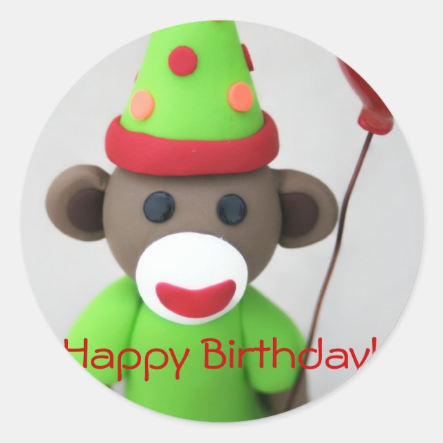 Adesivo Feliz Aniversário do Macaco Sock com Balão Vermelh (Frente)