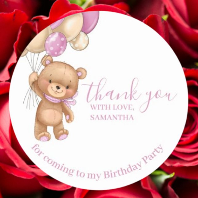 Adesivo Feliz Aniversário do Teddy Bear PINK Balões Obriga (Celebrate special moments with our Teddy Bear PINK Balloons Happy Birthday Thank You stickers.)