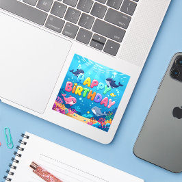 Adesivo Feliz aniversário fofo golfinho náutico